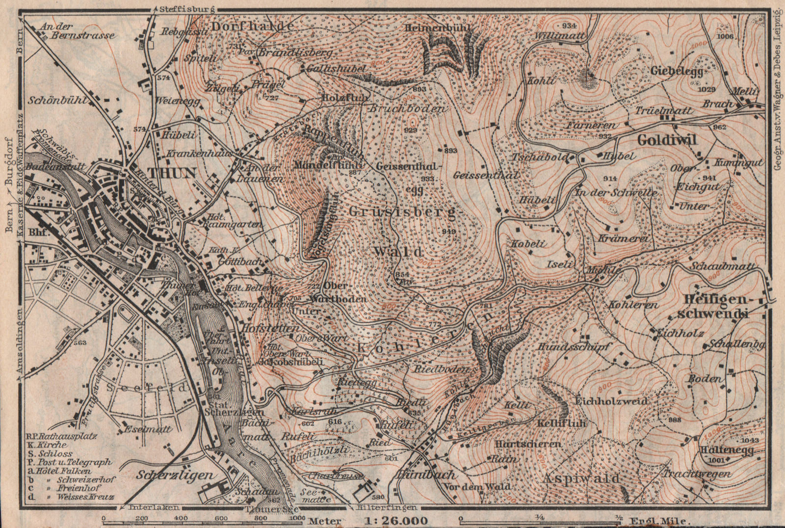 THUN ENVIRONS. Goldiwyl. Switzerland Suisse Schweiz carte karte 1911 map